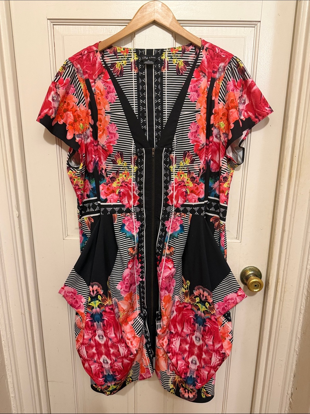 City Chic Floral Zip-Front Tunic Dress - Black, Pink & Coral